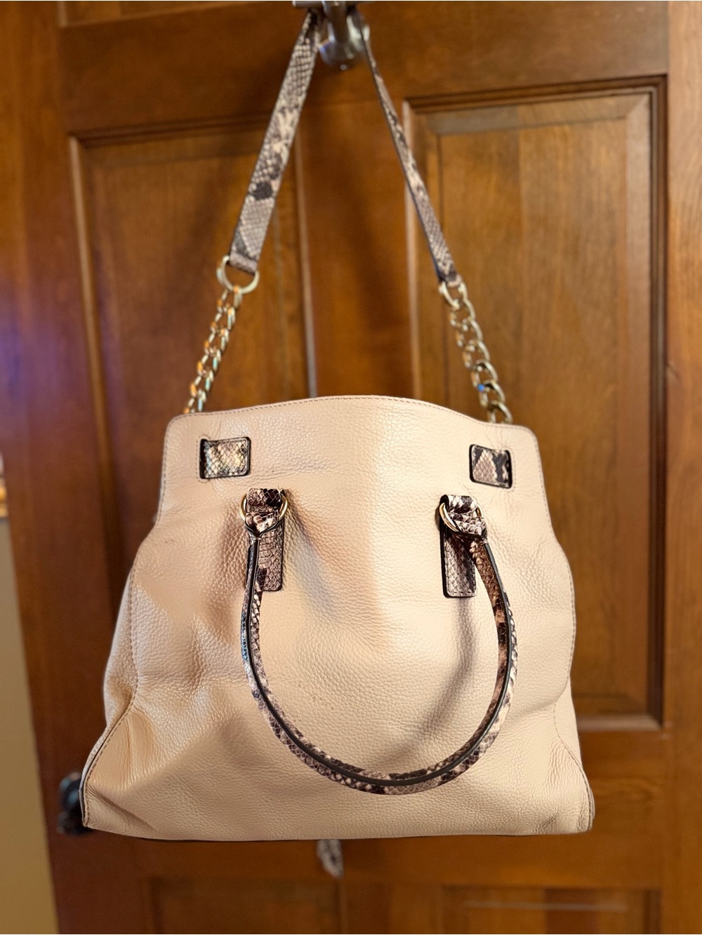 Michael Kors MK EUC Cream Hamilton Satchel with Exotic Snake-Print Trim Gold HW - Picture 3 of 11
